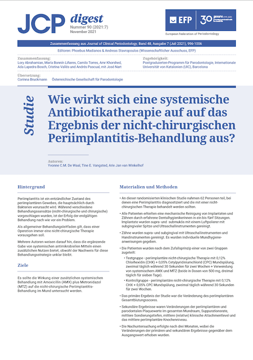 Thumbnail Artikel: Wie wirkt sich eine systemische Antibiotikatherapie auf das Ergebnis der nicht-chirurgischen Periimplantitis-Behandlung aus?