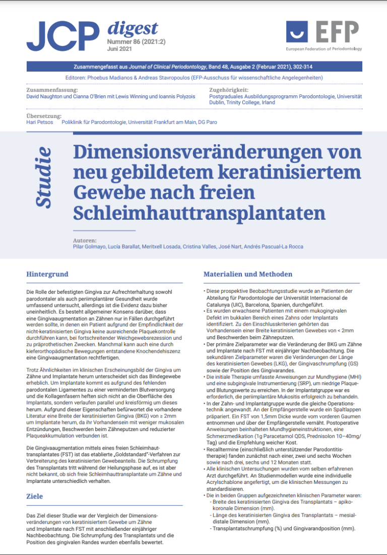 Thumbnail Artikel: Dimensionsveränderungen von neu gebildetem keratinisiertem Gewebe nach freien Schleimhauttransplantaten
